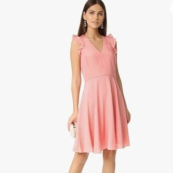 Rebecca Taylor Silk Ruffle V-Neck Dress Fit & Flare Flutter Sleeve - Picture 1 of 16
